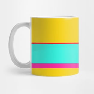 A particular customization of Cherry Red, Persian Rose, Golden Yellow and Fluorescent Blue stripes. Mug